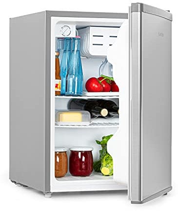 KLARSTEIN Cool Kid - Frigorifero, Mini Frigo con CompactCooling Design, Capacità: 66 L, Classe Energetica E, 2 Ripiani, Vano Freezer: 4 L, Vano per Bottiglie fino a 2 L, Grigio/Acciaio Inox Spazzolato