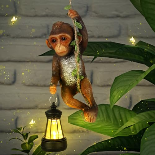 Rossesay Solarleuchte Outdoor Affe Statue LED Laterne Baby Affe | Schimpanse Baby Affe klettert auf Rebe, braun, 19 cm, Harz, wasserdicht, hängende Figur mit Haken, Hof, Gartenwand