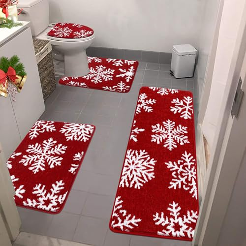 Bsamthom Weihnachts-Badezimmerteppich-Set, 4-teilig, mit WC-Abdeckung, Schneeflocken-Badematte für Badezimmer, Badezimmerteppiche, rutschfest, waschbar, Badezimmermatte mit U-förmigem WC-Vorleger für