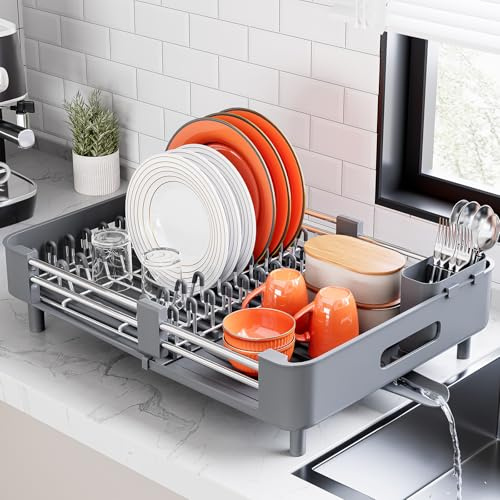 Escurridor de platos para encimera de cocina, escurridor de platos extensible con escurridor, escurridor de platos plegable, colador de platos expandible con soporte para cubiertos, estante de
