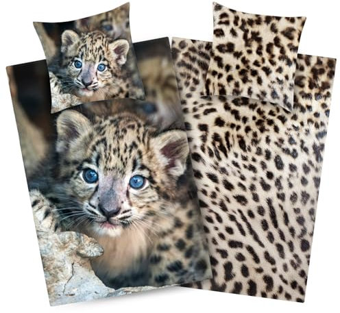 Aminata kids Leoparden Bettwäsche 135x200 - Wendebettwäsche Mikrofaser Mädchen und Jungen - Tiermotiv Bettwäsche Set - Bügelfrei - vorteilhaft für Allergiker