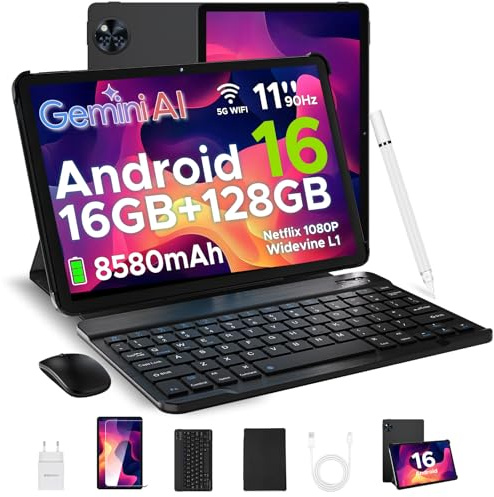 DOOGEE U11 2025 Tablet 11 Pulgadas, Andriod 16 Tablet con Teclado, 16GB RAM+128GB ROM(2TB TF) 8580mAh, Tableta para Niños Octa-Core, 7.9mm Cuerpo Metálico, 13MP Cámara/Widevine L1/Face ID/BT5.0