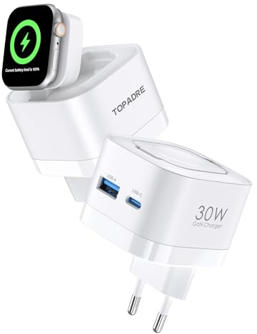 TOPADRE 30W Ladegerät für Apple Watch, 3-in-1 30W USB C iPhone Ladegerät PD 3,0 Schnellladegerät Apple Watch 11/10/9/8/Ultra/SE, USB C Ladekabel für iPhone17/16/15 Pro Max, für iPad Air/Airpods, Weiß