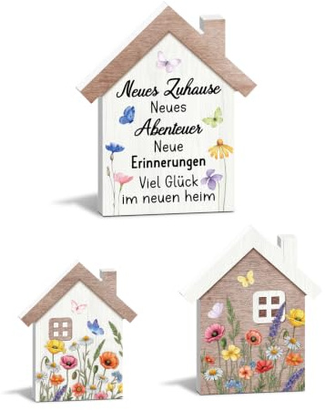 Putuo Decor 3er Set Haus Deko aus PVC freistehende Hausfiguren mit Blumen und Schriftzug Moderne Wohndekoration für Regal Fensterbank Kommode Flur Küche Büro als Einzugsgeschenk Holzoptik Naturfarben