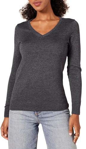 Amazon Essentials Women's Regular-Fit Lightweight Long-Sleeve V-Neck Jumper (Available in Plus Size), Charcoal Heather, L