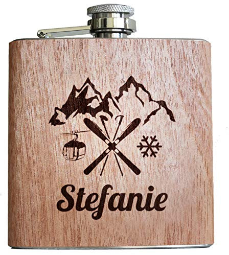 Ski Holz Flachmann mit persönlicher Namens Gravur Geschenk Skifahrer Skifahren Skiurlaub Winter Urlaub in Bergen Alkohol Après-Ski Männer Frauen