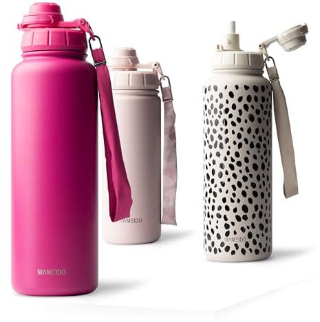 MAMEIDO Botella Agua Acero Inoxidable 1,2l - Botella Termica con Pajita, Botella Agua Gimnasio sin BPA, Cantimplora estanca, Termo con Correa de Transporte, Water Bottle (Clow Couture, 1200ml)
