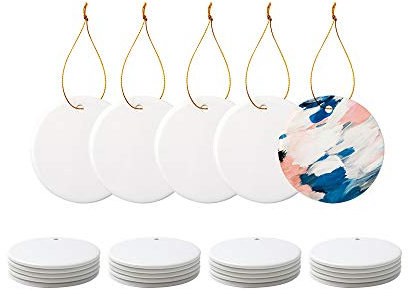 PYD Life 25 ornamenti in ceramica a sublimazione sfusi bianchi da 6,9 cm rotondi vuoti con filo d'oro per fai da te personalizzati decorazioni natalizie per la casa sfusa