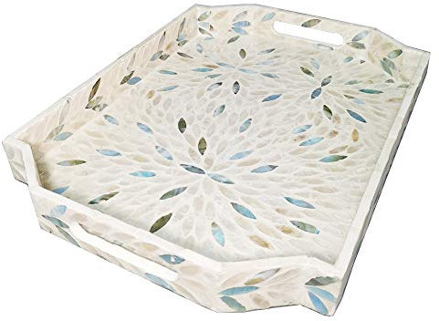 I-lan Mother of Pearl Inlay Serving Tray for Cocktail Ottoman,Coffee Table,Large Polygon Rustic Wooden Decorative Serving Tray for Breakfast,Snacks,Gadgets,Vintage Handcrafted Decorative Serving Tray
