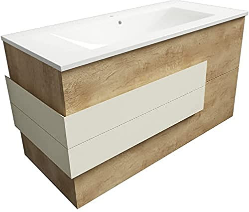 ATRIOS Conjunto Mueble de Baño Estilo Madera, Modelo Leo con 2 Cajones con Lavabo Porcelánico y Suspendido en Pared, Mueble MONTADO, Acabado Laminado Roble, 100 cm