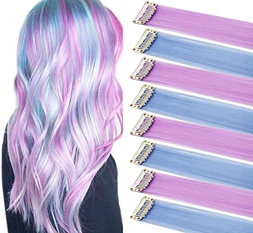 FYHTSD Mehrfarbige Party Highlights Glattes Haar Bunte Clip in Kunsthaarverlängerungen in mehreren Farben Hitzebeständiges langes Haarteil 10 Stück (Hellblau hellviolett)