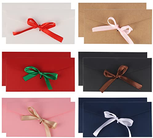 12 x Geschenkumschläge (22 x 11 cm / 6 Farben), Geldumschläge mit Bändern, Geldhüllen für Bargeld, Vintage-Kraftpapier für Weihnachten, Einladungen, Gruß, Erntedankfest, Neujahr, Valentinstag