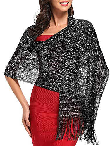 vimate Schwarz & Silber Tücher für Damen, Metallic Schimmernd Dressy Tücher und Wickel für Abendkleider (DE-Black & Silver)