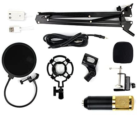 SagaSave BM800 Condenser Microphone Studio Cardioid Microphone Kit with Phantom Power and Sound Mixer for Studio Recording Broadcasting (Black + Gold)
