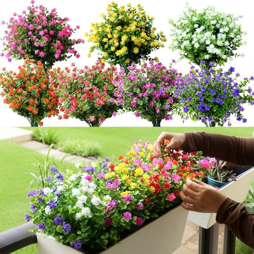 14PCS Colourful Outdoor Spring Artificial Fake Flowers Plants, UV Resistant, Outside Garden Decor, Realistic Summer Faux Flower Plastic Eucalyptus Greenery Floral Arrangement for Porch Yard Pots Patio