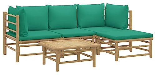 vidaXL Garten Lounge Set 5-TLG., Gartenmöbel Set mit Grünen Kissen, Sitzgruppe für Garten Terrasse, Modular Sofa Garnitur Loungemöbel, Bambus