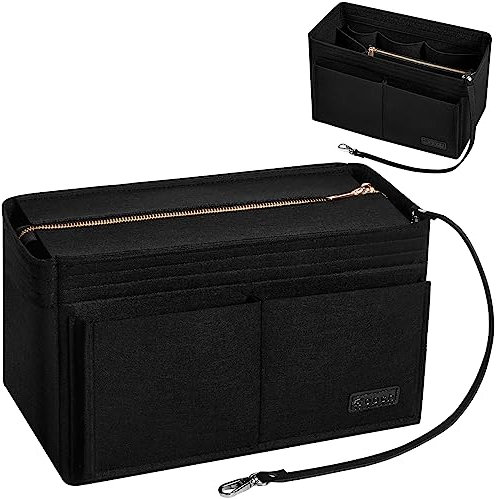 Ropch Handbag Organiser Insert, Tote Bag Organiser Insert Felt Bag Organizer Storage with Bottle Holder Perfect for Speedy Neverfull Tote,Black - L