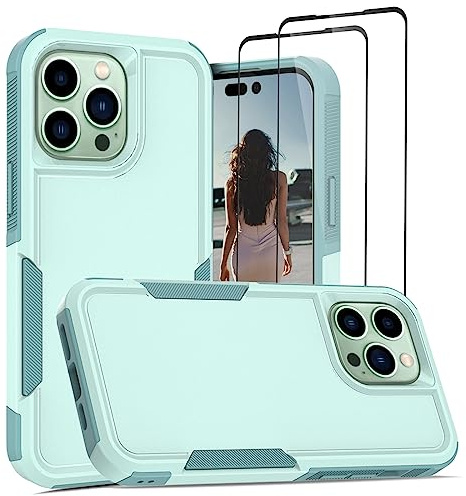 Jeylly Compatible with iPhone 14 Pro Max Case, with [2 Pack] Tempered Glass Screen Protector, Shockproof Full Body Protective Anti Scratch Matte Hard Cover for iPhone 14 Pro Max 6.7'', Turquoise