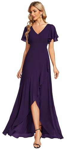 Ever-Pretty Women's Maxi Cocktail Dress Chiffon V Neck Empire Waist Ruffle Sleeves Dark Purple 16