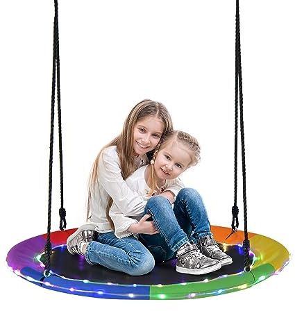 GYMAX Kids Nest Swing, 100cm Round Tree Swings with LED Lights & Height Adjustable Hanging Ropes, Children Saucer Swing for Backyard Garden, Holds Up to 300kg (Colorful)