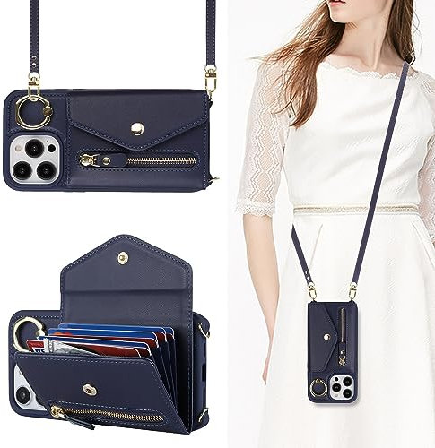 Lipvina for iPhone 11 Pro Max Case Wallet with Strap for Women,Crossbody Lanyard,Zipper Pocket,Credit Card Holder,Stand Ring,Phone Wallet Case for iPhone 11 Pro Max (6.5,Dark Blue)