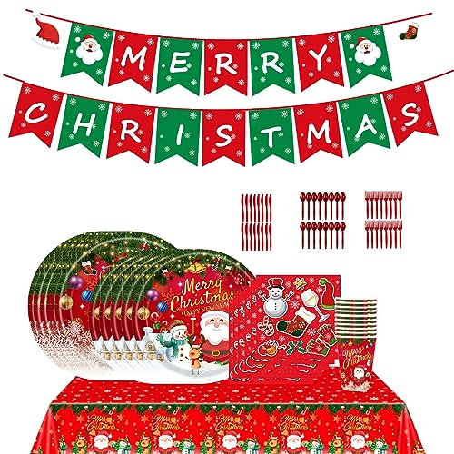 Nupaque Weihnachtsgeschirr-Set,114 Stück Weihnachtsmann-Elch-Partyzubehör | Buntes Geschirr mit Tischdecke, Papptellern, Tassen und Partygeschenken für Familientreffen