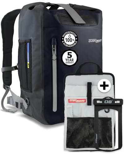 Overboard Gelber wasserdichter Rucksack, 30 l, Roll-Top, schwimmende Trockentasche für Kajakfahren, Strand, Bootfahren, Wandern, Angeln, Rafting, inklusive wasserdichter Handytasche und