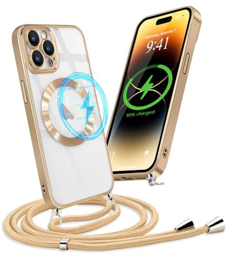 Micoden Handykette Hülle für iPhone 14 Pro Max mit Band Kompatibel mit MagSafe Kabellosem Laden Kameraschutz Vollständiger Transparent Silikon Case Kordel zum Umhängen Handyhülle Schutzhülle,Gold