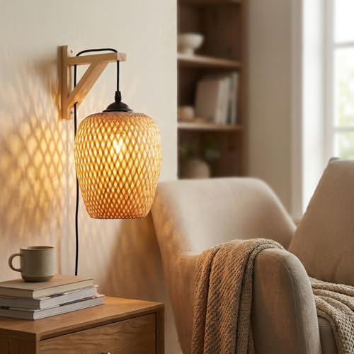 B·LED BARCELONA LED Wandlampe Alan aus Naturholz und handgeflochtenem Rattan | Wandapplikation mit Kabel, Schalter und Stecker | E27 Fassung | Boho & Natur Stil