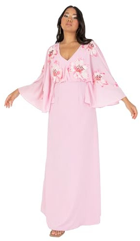 Maya Deluxe Damen Women's Maxi Dress Ladies V-Neck Long Cape Sleeve Floral Sequin Embellished A-line for Wedding Guest Evening Occasion Kleid, Cherry Blossom,