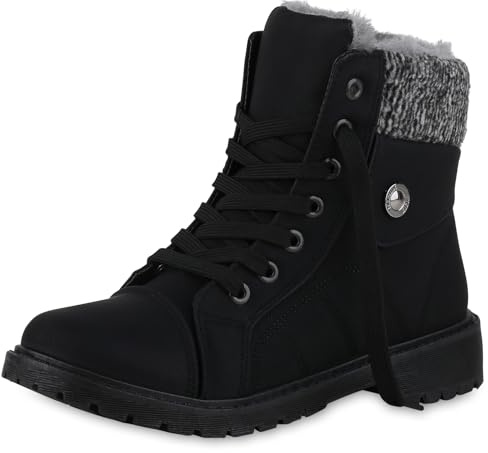 VAN HILL Damen Stiefeletten Worker Boots Warm Gefüttert mit Blockabsatz Profilsohle