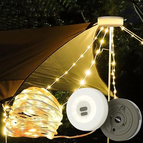 Camping Retractable String Lights Reel, Portable Stowable Rechargeable Strip Fairy Light, 10M 100 LED USB IP65 Tent Star Lantern for Outdoor Campsite, Awning, Backyard, Patio, Party Festival Decor