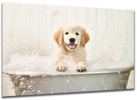 DARO Design - Toiletten-Bild auf 6mm HDF 84x56 cm Hunde-Welpe Golden Retriever in der Badewanne - Wand-Deko Bilder Lustiges Geschenk