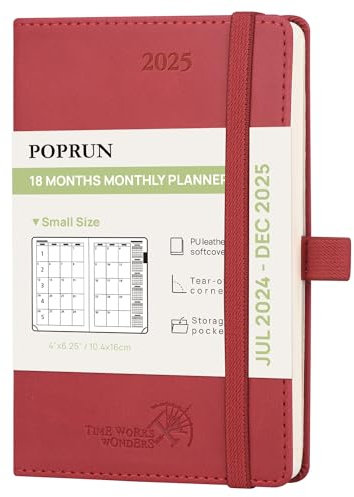 POPRUN Kalender 2025 Monatsplaner A6 (Jul.2024 - Dez.2025) - 18 Monate Monatskalender Softcover 16 x 10,5 cm - 1 Monat 4 Seiten, mit PU-Leder, 100 GSM Papier - Burgunderrot