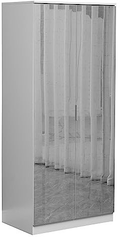 Kingwudo® White Wardrobe with 2 Mirrored Doors Clothing Storage Chest Glass Mirror Wardrobe with Hanging Clothes Storage Unit for Bedroom Furniture