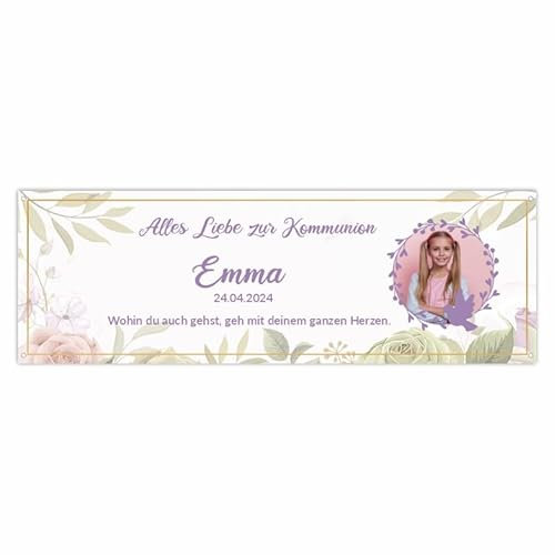 FOTOFOL Banner personalisiert mit Foto und Wunschtexte - Banner Taufe oder Kommunion - 225x75cm oder 150x50cm (Style 2)