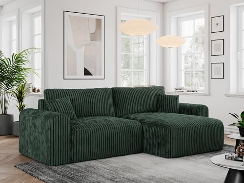 MKS MEBLE Cord Sofa L-Form, Ecksofa mit Schlaffunktion, Wohnlandschaft L-Form mit Kissen, Couch L-Form - Nelson - Grün Cord