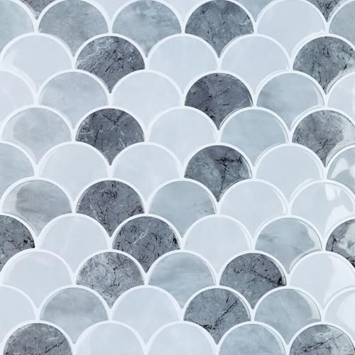 VaryPaper 3D Fish Scales Tile Stickers Grey Fan-Shaped Stick on Kitchen Tiles 30.5cmx30.5cm 20 Pieces Bathroom Tile Stickers Waterproof Peel and Stick Tiles Kitchen Backsplash Background Wall Tiles