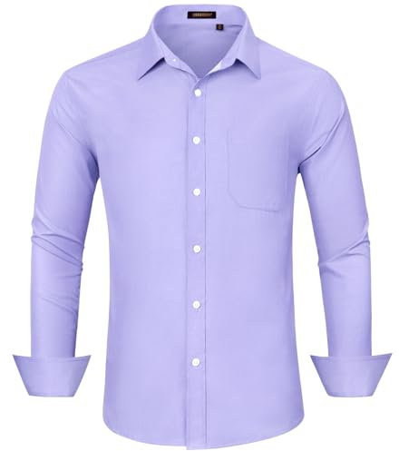 HISDERN Camisa Lila Hombre Manga Larga Slim Fit con Botones y Bolsillo Estilo Casual para Boda Negocios Oficina L
