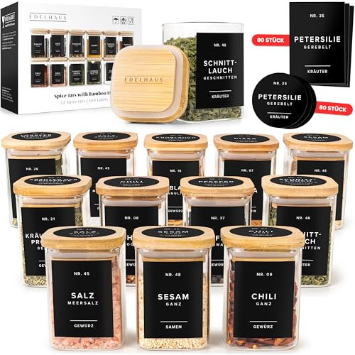 EDELHAUS Gewürzgläser Eckig mit Holzdeckel 190ml (12 Stück) - Bambusdeckel Gewürzstreuer Set mit 160 Gewürzetiketten Schwarz, Luftdichte Gewürzbehälter, Gewürzdosen, Stapelbare Gewürze Organizer
