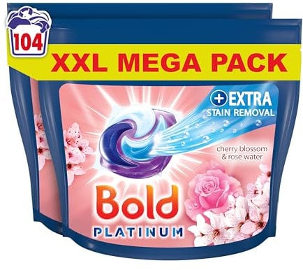 Bold Platinum PODS® Washing Liquid Laundry Detergent Capsules 104 Washes (52x2), Cherry Blossom & Rose Water, Extra Stain Femoval, With Built-In Lenor Softener