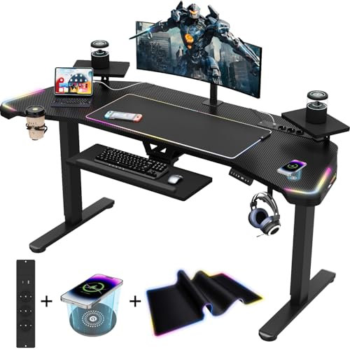 Devoko Höhenverstellbar Gaming Tisch 186x70cm mit Tastaturauszug und LED Mauspads, Höhenverstellbarer Schreibtisch mit Kabelloser Ladestation und Euro-Steckdose mit USB (Schwarz, 186x70cm)