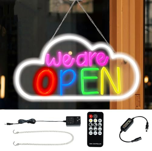 LED Open Sign,19x10 Neon Open Sign Dimmable, Powered by USB with Remote Control,Breathing,fading and Flashing Modes,RGB Open Signs for Business Bar Restaurant Hotel Storefront Window
