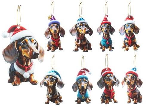 Dmnnlp 9 Stück Weihnachten Dackel AnhäNger, 2D Acryl WeihnachtsanhäNger, Lustig Weihnachtsbaumschmuck, Christbaumschmuck Dackel Für Weihnachtsbaum, Feiertag, Party Deko