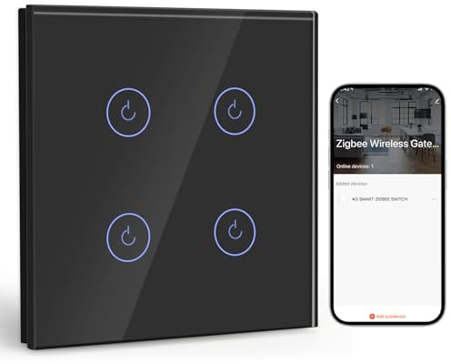BSEED Smart ZigBee Unterputz Lichtschalter Schwarz 4 Fach 1 Weg, intelligenter Wandschalter mit Alexa und Google Home, Touchscreen Schalter mit Glaspanel(Neutralleiter, Hub Gateway erforderlich)