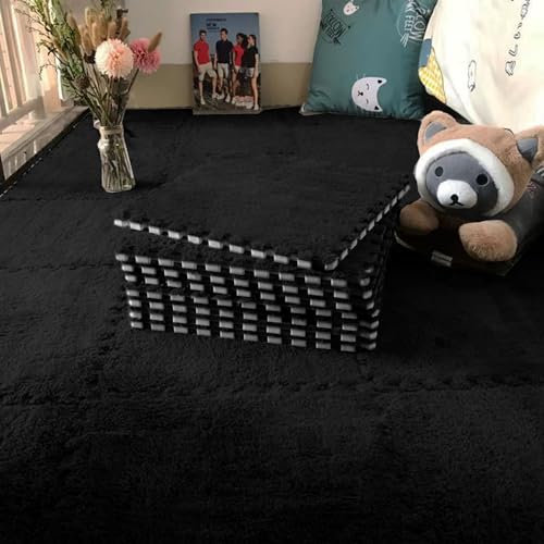 Interlocking Carpet Shaggy Soft EVA Foam Mats Fluffy Area Rugs Protective Floor Tiles Exercise Play Mat for Children Kids Room Home Parlor Bedroom 12 pcs Black