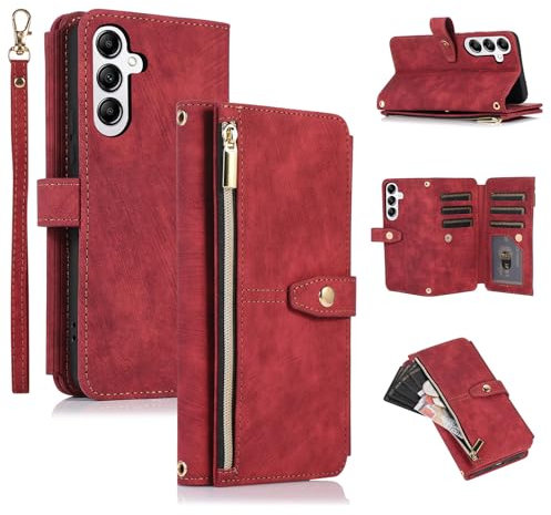 UEEBAI Hülle für Samsung Galaxy A16 4G/5G, 9 Kartenfäche Retro Leder Geldbörse Stoßfest Flip Case mit Handschlaufe Standfunktion Reißverschluss Handyhülle Magnetverschluss Wallet Case, Retro Rotwein