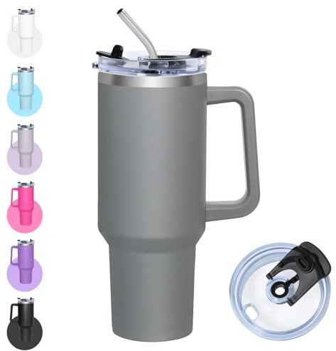 Zyntrix Mug Isotherme avec Paille, 1200ml Gourde Isotherme avec Couvercle Multifonction, Tasse en Acier Inoxydable, Gobelet Café à Emporter avec Poignée, Thermo Tumbler (Gris)