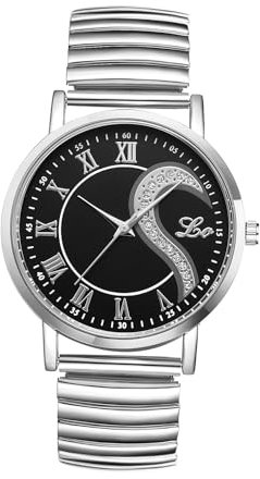 JewelryWe Herrenuhr Herz Elastische Uhren: Strass Semi Herz Buchstaben Love Analog Quarz Armbanduhr Herren Silber Edelstahl Stretch Armband Uhr mit Zugarmband & Schwarz Römischen Ziffern Zifferblatt