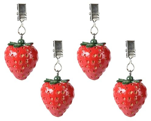 Decoris Tischdeckenbeschwerer Erdbeere 16x5x4cm Keramik 4er Set - Tischdeckengewichte für Draußen mit Klammern aus Metall - Gewichte zum Beschweren - Tischdecken Beschwerer mit Clip - Rot Grün